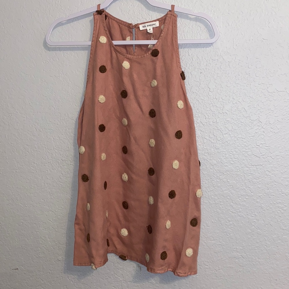 Blu Pepper Pink Tank Top with Brown and White Polka Dots. Size Medium.